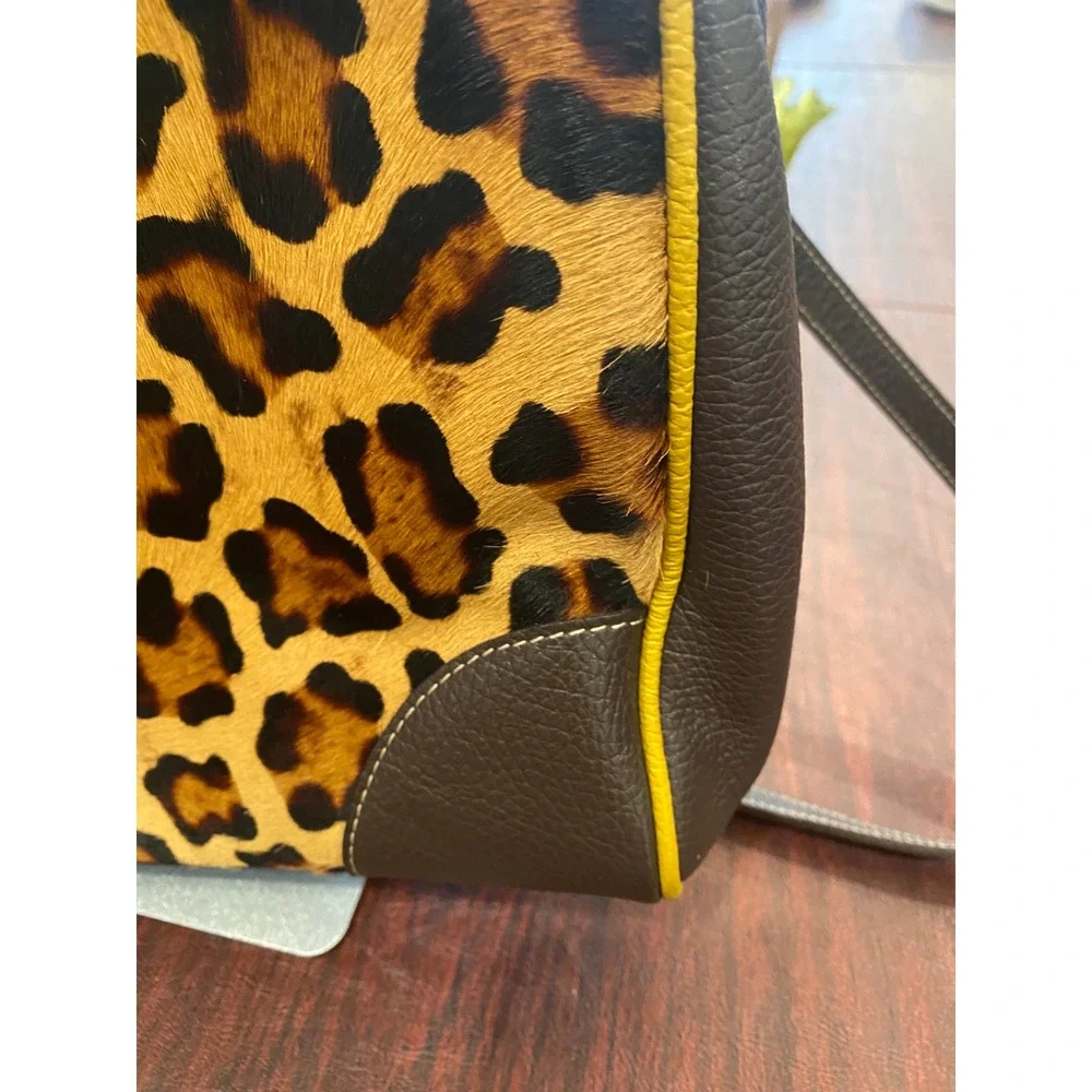 Claudia‎ Firenze Leopard Calf Hair Leather Satchel Bag Yellow Trim Made in Italy